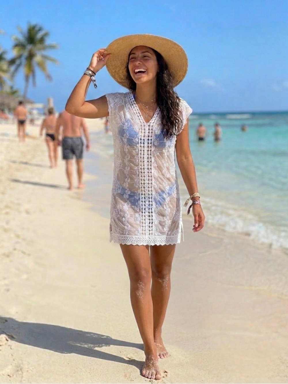 Vintage Lace Crochet Floral Embroidery Sheer White Swimsuit CoverUp V-Neck Dress